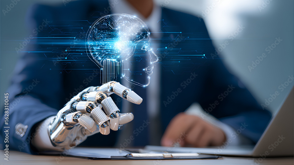 Poster businessman use artificial intelligence ai technology for enhanced work efficiency data analysis and