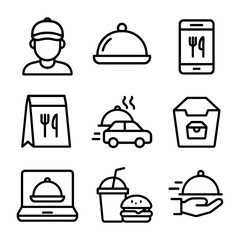 Food courier service icons. Outline symbols. Line design