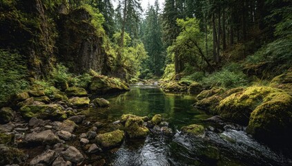 Obraz premium Lush, verdant forest stream. Dark, mossy rocks line a tranquil river. Dense trees frame the scene