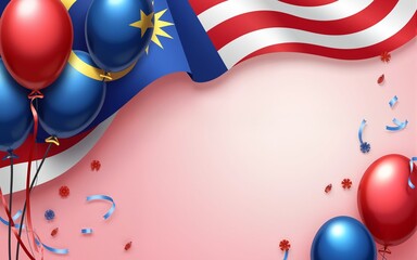 Clean Malaysia Day or Hari Merdeka promotion celebration background design. Malaysia National day vector illustration curve tricolour template with balloons, ribbons for cards, banner, poster, social