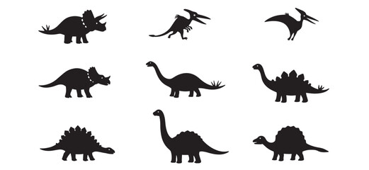 Black dinosaur silhouettes on white background illustrating various prehistoric creatures