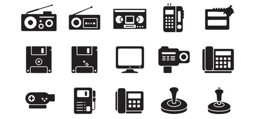 Black icon set depicting vintage technology devices and gadgets collection