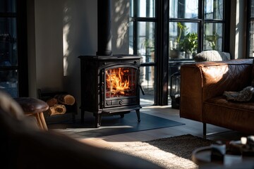 Cozy living room with wood stove. Sunlight streams in through large windows, illuminating a black cast iron wood stove with a bright orange fire.  A leather couch and wooden stool are near the stove