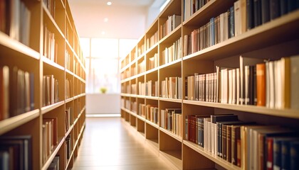 Well-lit library aisle filled with books