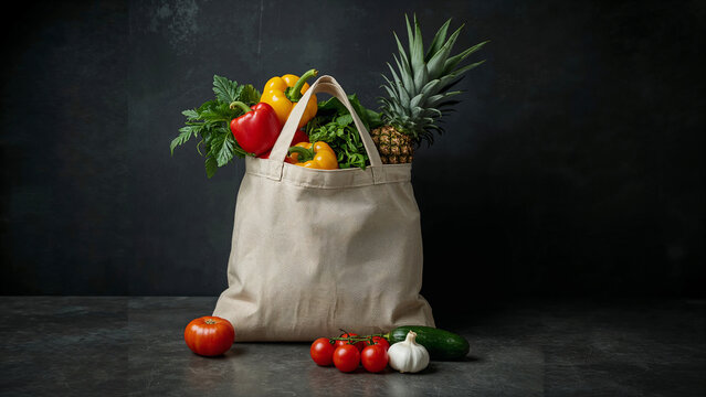 Canvas Shopping Bag Filled With Fresh Vegetables and Pineapple on Dark Background