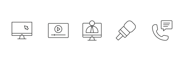 Digital media communication icons set for screen interaction video call microphone phone chat broadcast online interface device network vector illustration.