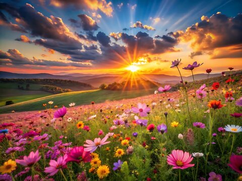 Beautiful cosmos flower field at sunset with sun rays shining through clouds over the mountains
