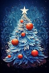Festive Christmas tree with vibrant ornaments set against a modern neon geometric background