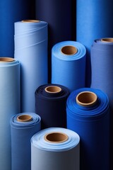 Assorted rolls of blue fabric in various shades and textures