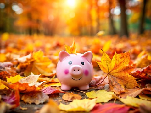 Piggy bank surrounded by autumn leaves in a forest, symbolizing savings and financial planning during fall