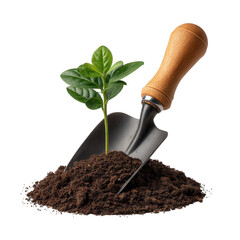 A small green seedling emerging from rich soil with a garden trowel isolated on transparent background