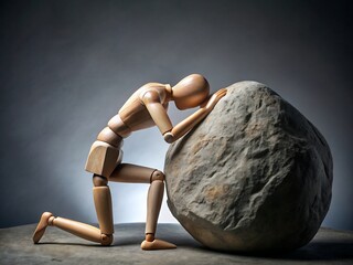 A wooden mannequin struggles to push a large stone, symbolizing effort, challenge, and perseverance
