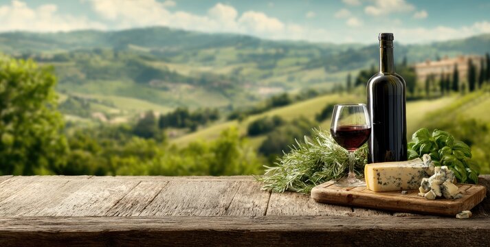 Rustic wooden table with wine, cheese, and herbs, scenic Tuscan countryside view