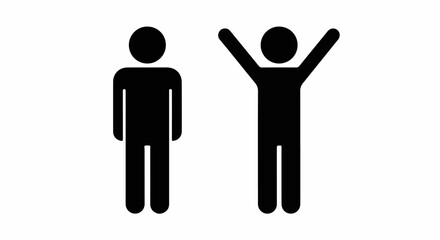 Two black minimalist human pictograms, one standing still and the other with arms raised in a victory pose.