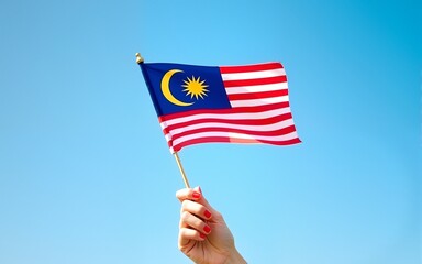 hand holding Malaysia flag on blue sky background. September Malaysia national day and August Independence day. High quality
