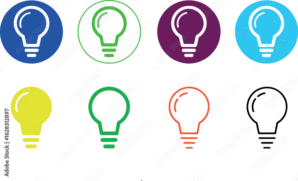Poster a collection of lightbulb icons in various colors and styles arranged on a white background design