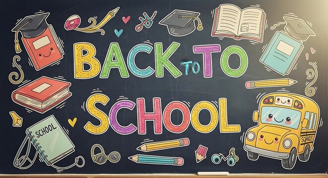 Back to school themed chalkboard with books pencils and a school bus in a colorful cartoon style - Powered by Adobe