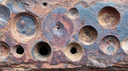 Rusty metal plate with numerous circular holes