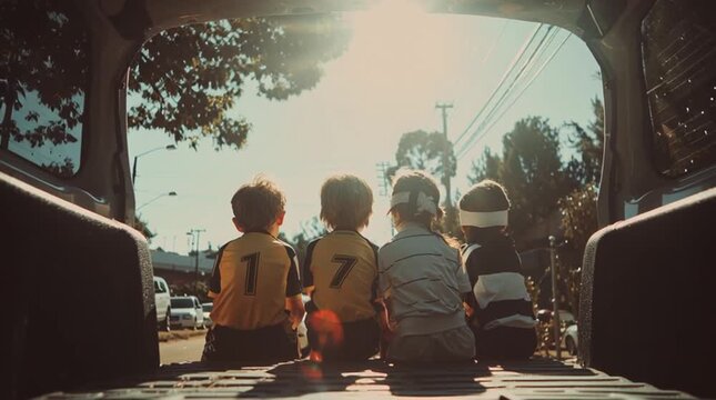 Children's Journey: Young children are seated inside the back of a vehicle, gazing out at the road ahead. The photo evokes themes of childhood, exploration, and the open road. 