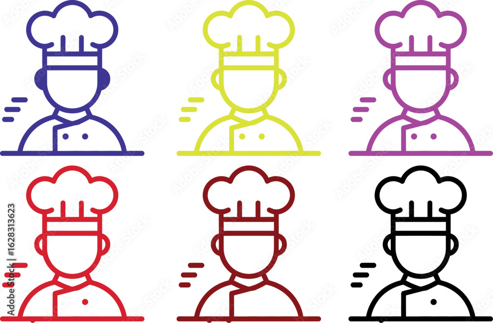 Poster a colorful array of chef icons in various hues arranged on a white background in a simple illustrati