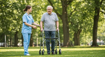 Caregiver Assisting a Senior Man with a Walker in a Park