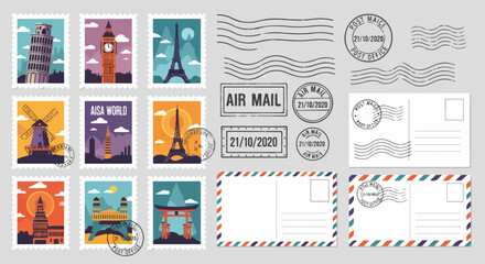 Colorful travel postage stamps and airmail elements with famous world landmarks.