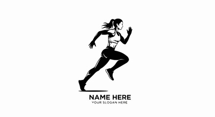 Obraz premium Dynamic black and white illustration of a fit, muscular woman running in profile, wearing sportswear with a ponytail.