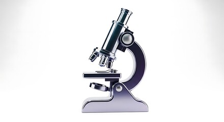 A chrome microscope stands on a white surface with a bright white background behind it in a studio shot