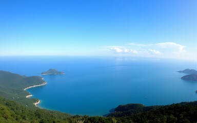 Panoramic view of blue sky, sea and mountain seen from Cable Car viewpoint, Langkawi Island, Malaysia. High quality
