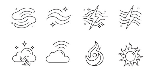 Minimalist weather icons including wind air lightning fire cloud and sun isolated in a white background