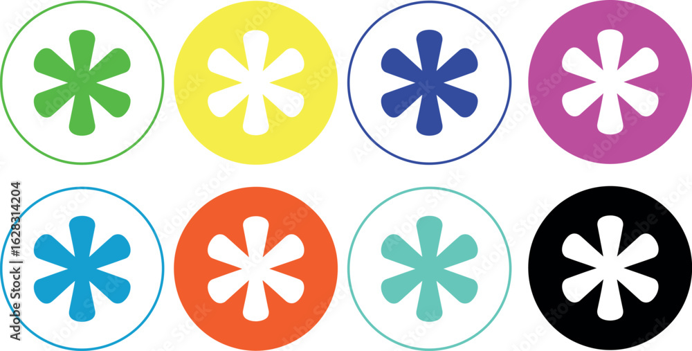 Aufkleber eight colorful circles each containing a white asterisk like symbol on a white background layout