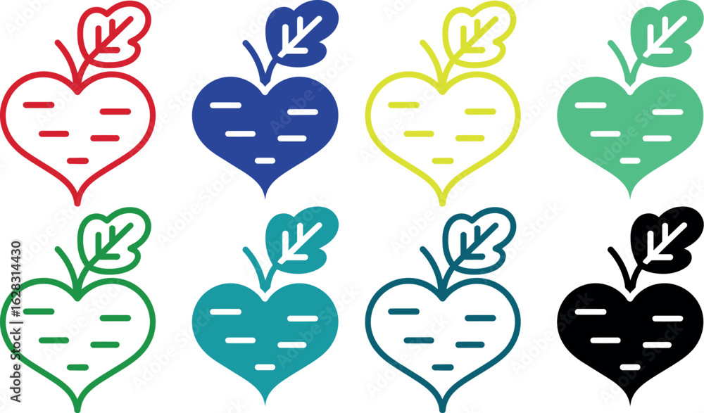 Poster A colorful array of beet root vegetables with leaves in a grid pattern on a white background