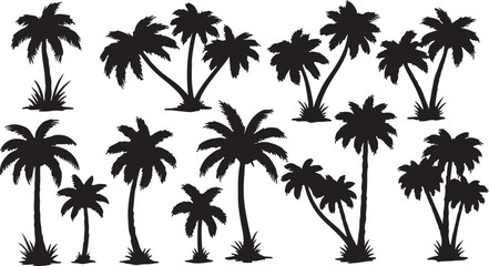 Obraz premium Diverse Black Silhouettes of Palm Trees with Grass and Varying Heights tropical island