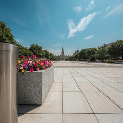 Obraz premium City Plaza with Flower Planter and Distant Building urban architecture
