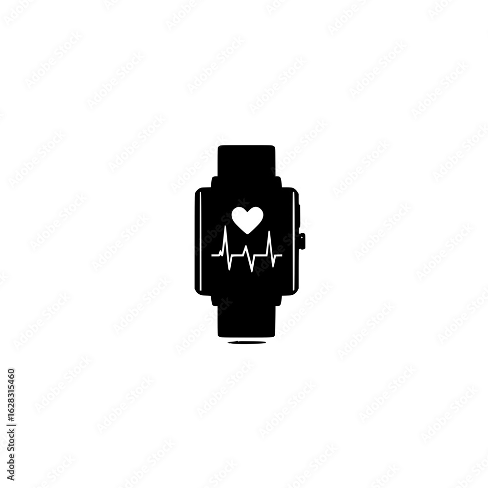 Poster smartwatch device displaying heart with electrocardiogram line indicating pulse and wellness data