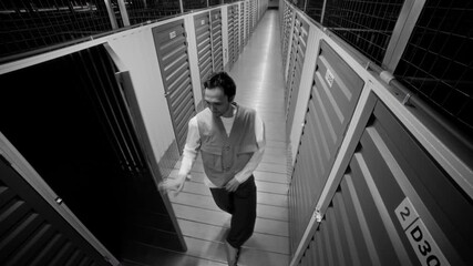 High angle view black and white shot of young man opening doors and entering rooms while performing conceptual dance in warehouse