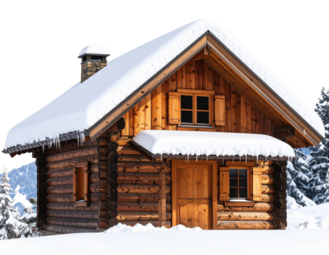 wooden mountain cabin, snow-covered roof, transparent background