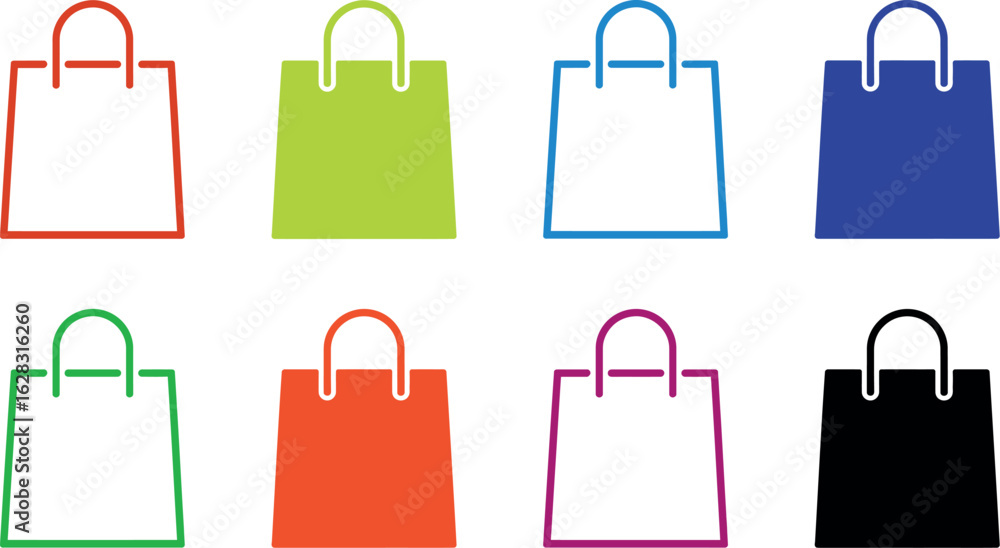 Poster eight colorful shopping bags arranged in a grid pattern on a white background in a simple vector sty