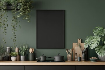 Modern kitchen mockup with blank poster. Lush greenery, dark cabinets, and a neutral countertop create a calm, inviting atmosphere