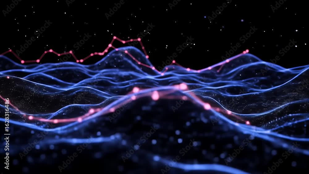 Poster data flow visualization digital landscape with glowing line graph, dark background. business use