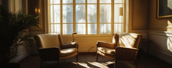 Two chairs facing each other in a sunny room with large windows