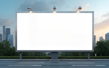 Blank white road billboard with KL cityscape background at day time. Street advertising poster, mock up, 3D rendering. Side view. The concept of marketing communication to promote or sell idea.