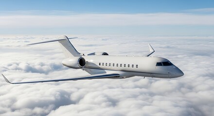 Obraz premium A private jet soaring through the sky above a sea of clouds on a bright and sunny day with clear blue sky