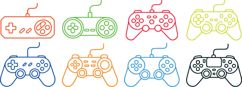 A seamless pattern of colorful video game controllers on a white background in a flat lay design style