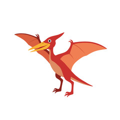 Flying red cartoon Pterodactyl with wide wings and a big beak. Fun and energetic prehistoric flying reptile for kids' designs or learning content