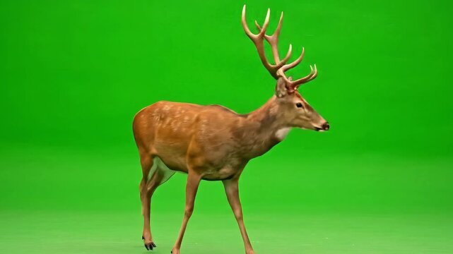 Majestic deer gracefully walks across vibrant green screen background perfect for compositing and adding a touch of wild nature to videos