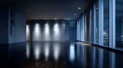 Fototapeta premium Modern empty room with concrete wall hardwood floor and city night view
