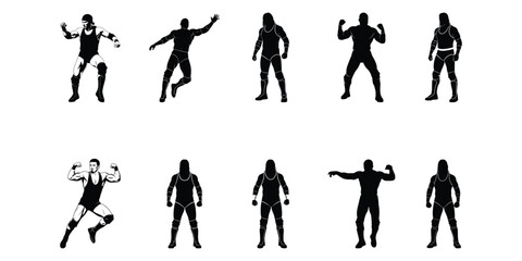 Professional Wrestler Silhouette Icon Set – Combat Sports Vector Illustration