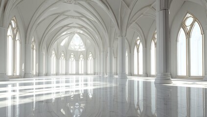 Grand, white, cathedral-like hall with arched windows