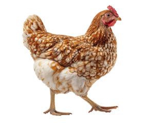 Spotted brown and cream colored chicken